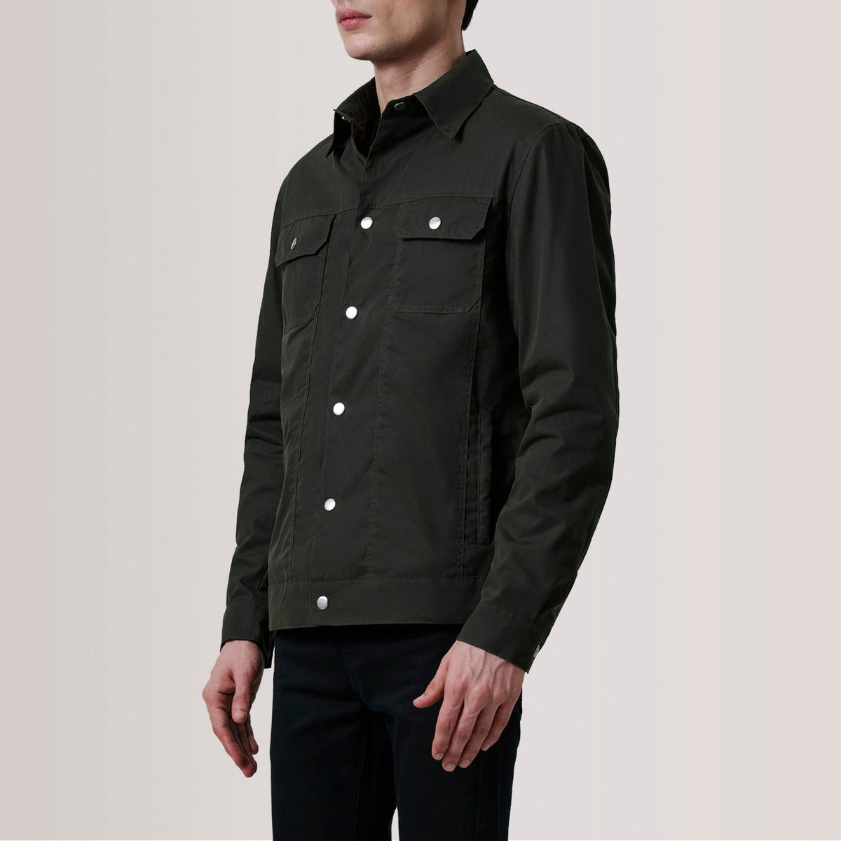 Colberto Olive Waxed Canvas Trucker Jacket For Men - Lateral Side Profile View Showing Sleeve Cut &amp; Athletic Taper Fit