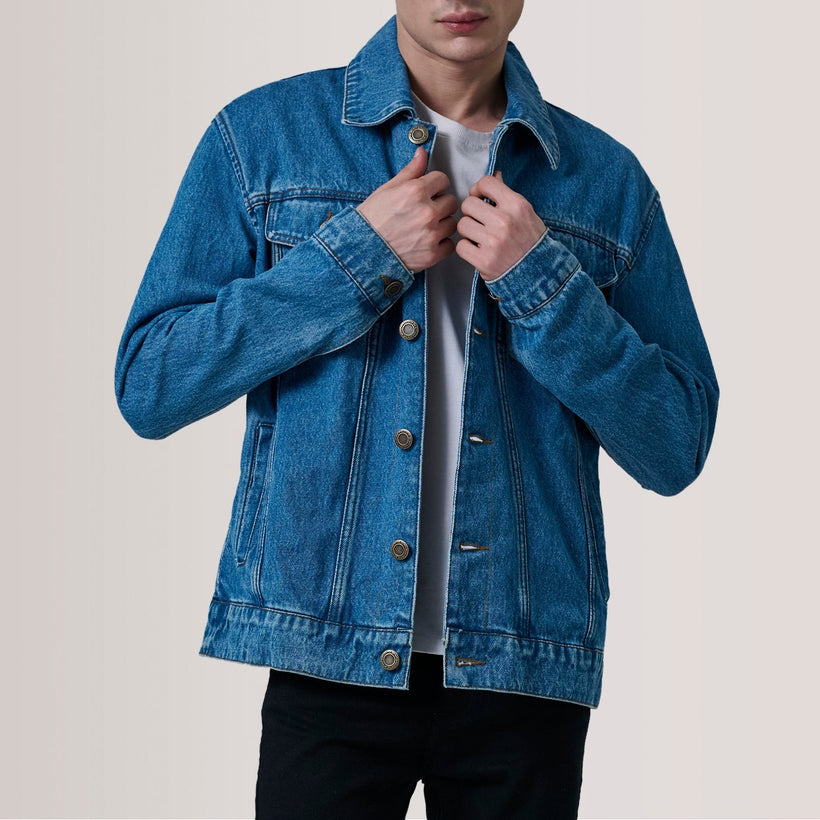 Conard Blue Denim Trucker Leðurjakki fyrir karla