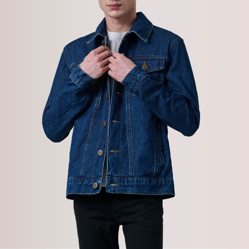 Conard Dark Blue Denim Trucker Leðurjakki fyrir karla