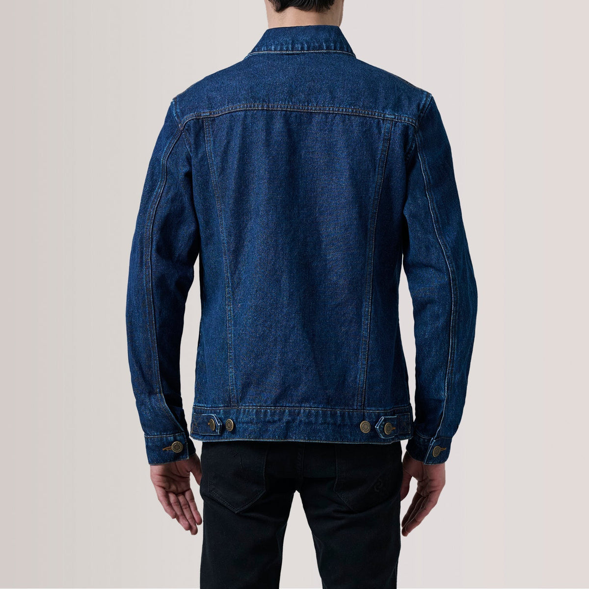 Close-Up Detail of Classic Collar &amp; Heavy-Duty Zipper Hardware on Conard Dark Blue Denim Trucker Jacket For Men
