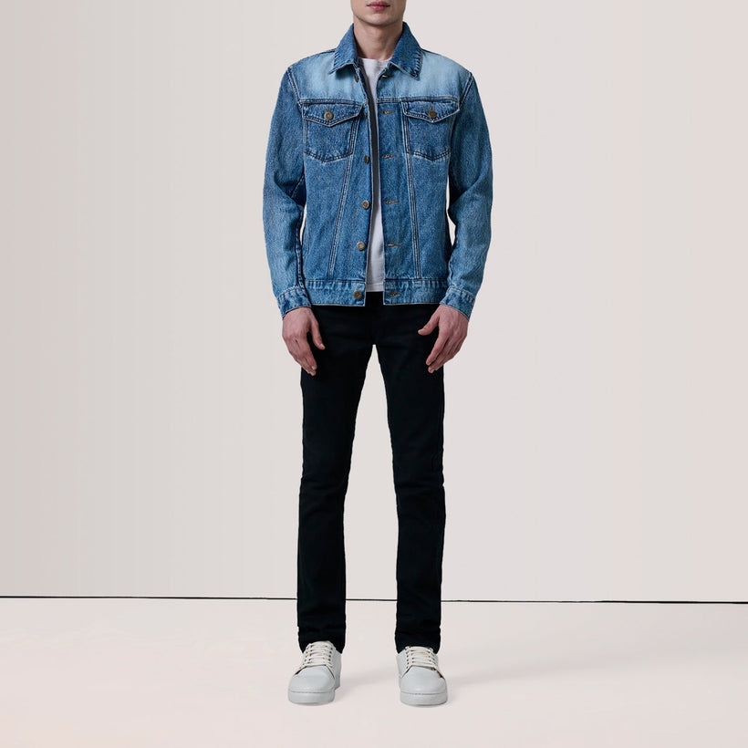 Conard Ice Blue Denim Trucker Leðurjakki fyrir karla