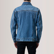 
Nærmynd of Classic Collar & Heavy-Duty Zipper Hardware on Conard Ice Blár Denim Trucker Leðurjakki fyrir Karla For Men