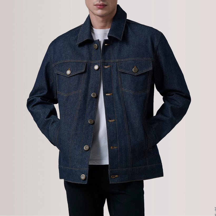 Conard Indigo Blue Denim Trucker Leðurjakki fyrir karla