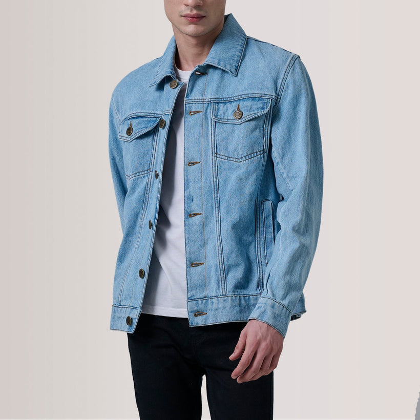 Conard Light Blár Denim Trucker Leðurjakki fyrir Karla