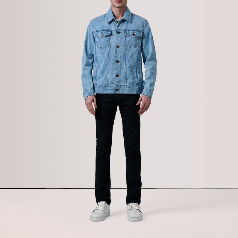 Conard Light Blár Denim Trucker Leðurjakki fyrir Karla