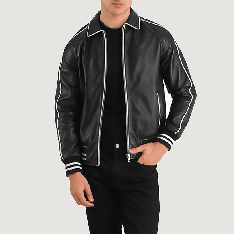 Cooper Svartur Leather Varsity Leðurjakki fyrir karla