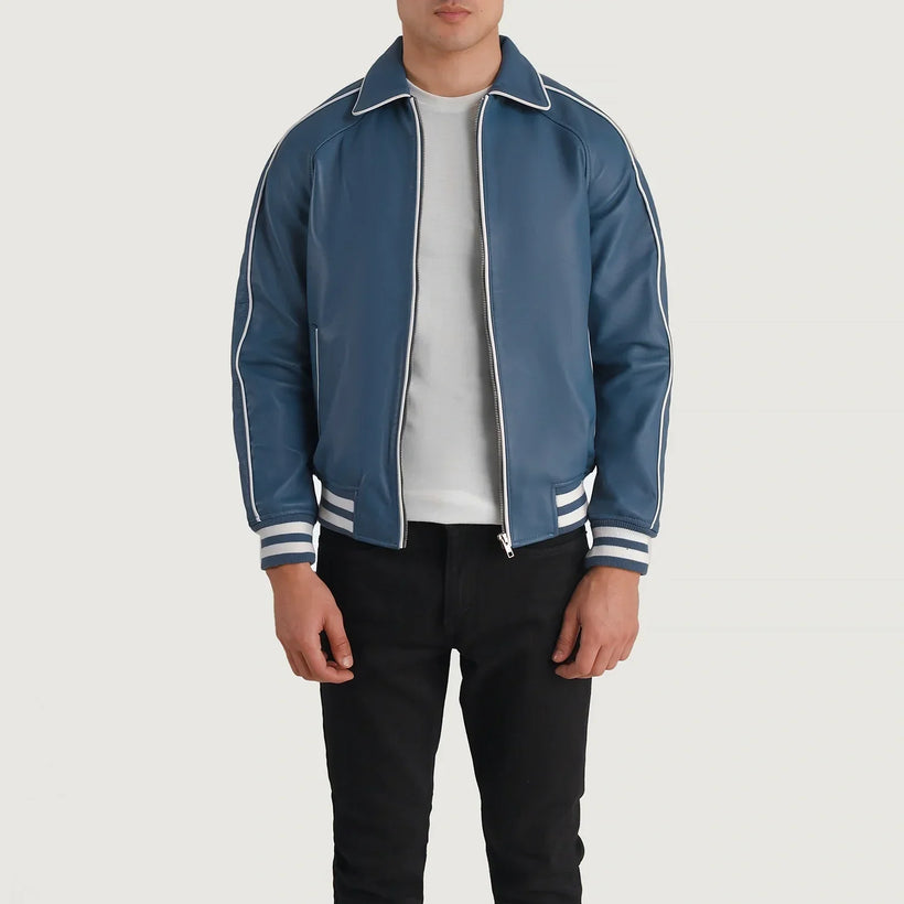 Cooper Blár Leather Varsity Leðurjakki fyrir Karla