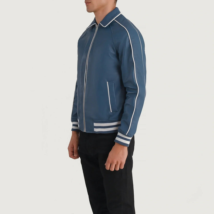 Cooper Blár Leather Varsity Leðurjakki fyrir Karla