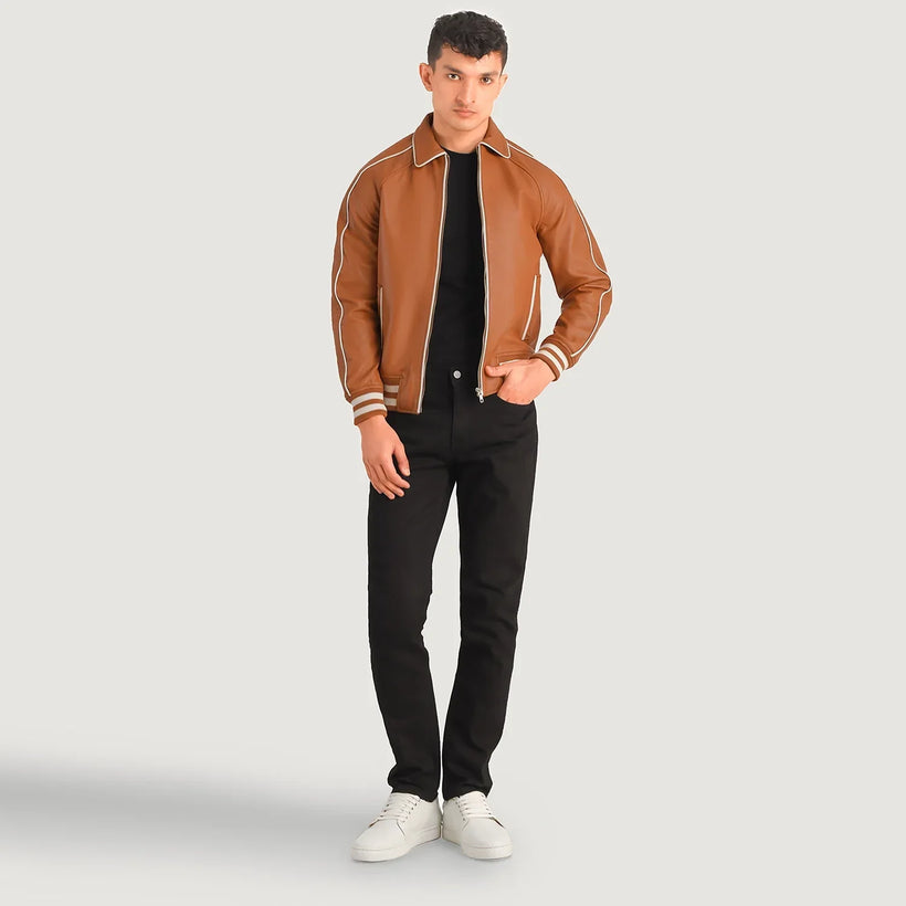 Cooper Ljósbrúnn Brúnn Leather Varsity Leðurjakki fyrir Karla