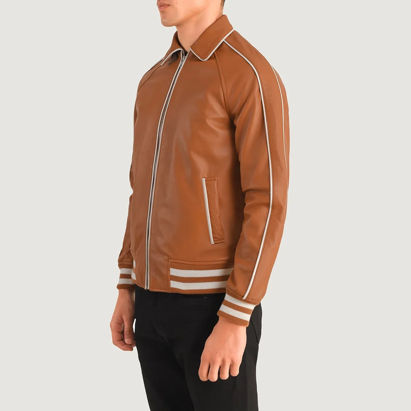 Cooper Ljósbrúnn Brúnn Leather Varsity Leðurjakki fyrir Karla