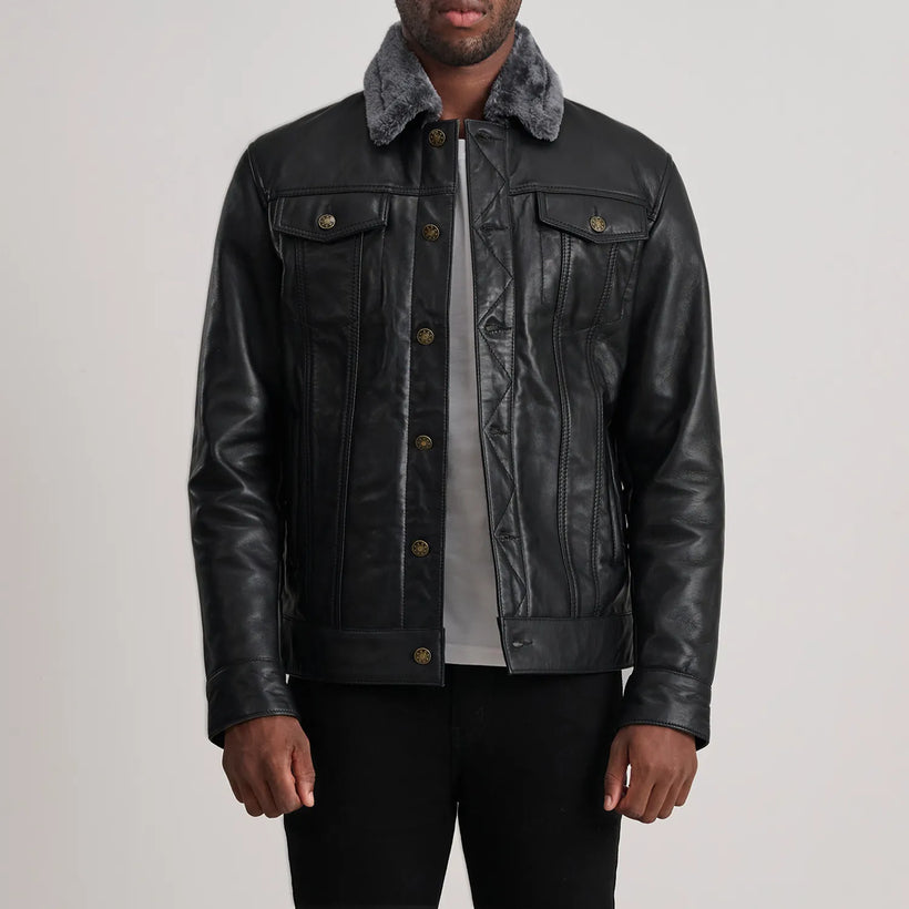 Dallis Svartur Leather Shearling Trucker Leðurjakki fyrir Karla