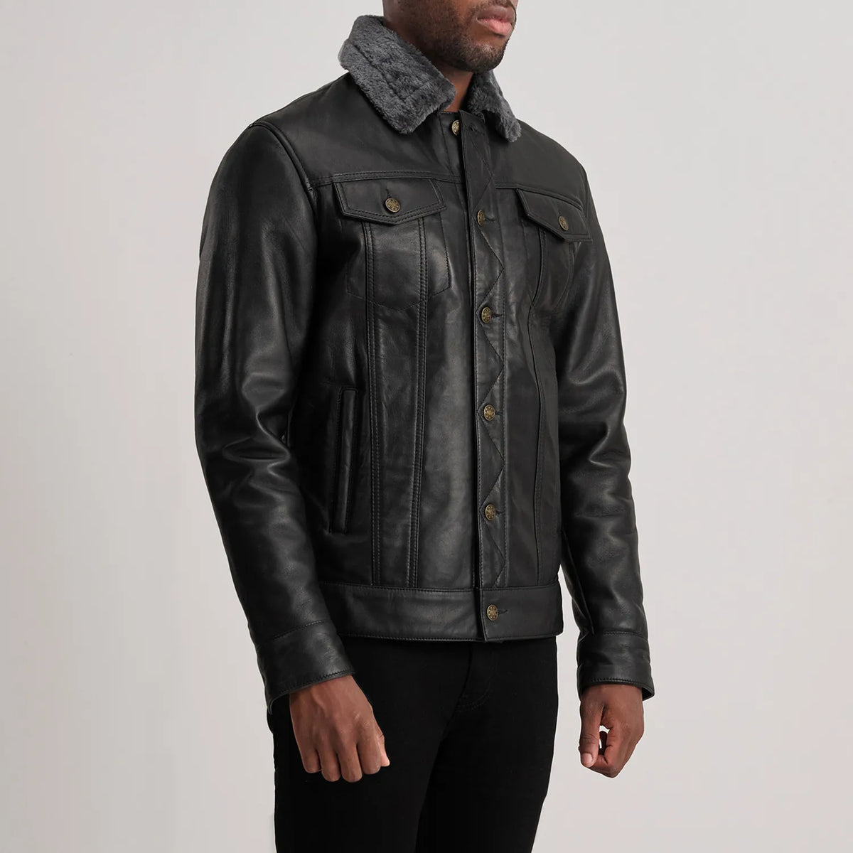 Black Sheepskin Leather Aviator Jacket - Back View Showing Tailored Shoulder Fit &amp; Clean Hemline