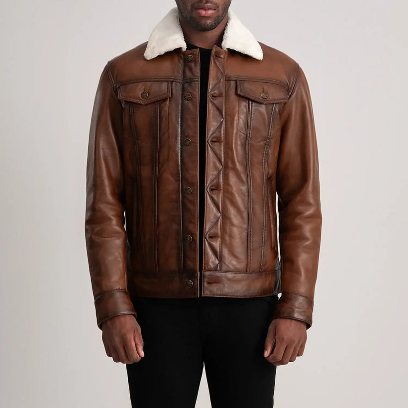 Dallis Brúnn Leather Shearling Trucker Leðurjakki fyrir Karla