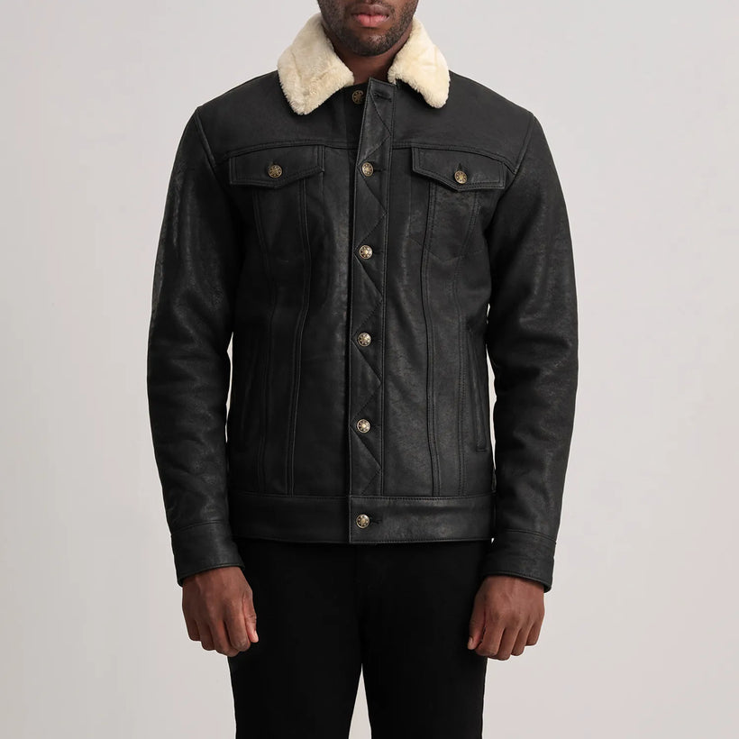 Dallis Distressed Svartur Leather Shearling Trucker Leðurjakki fyrir Karla