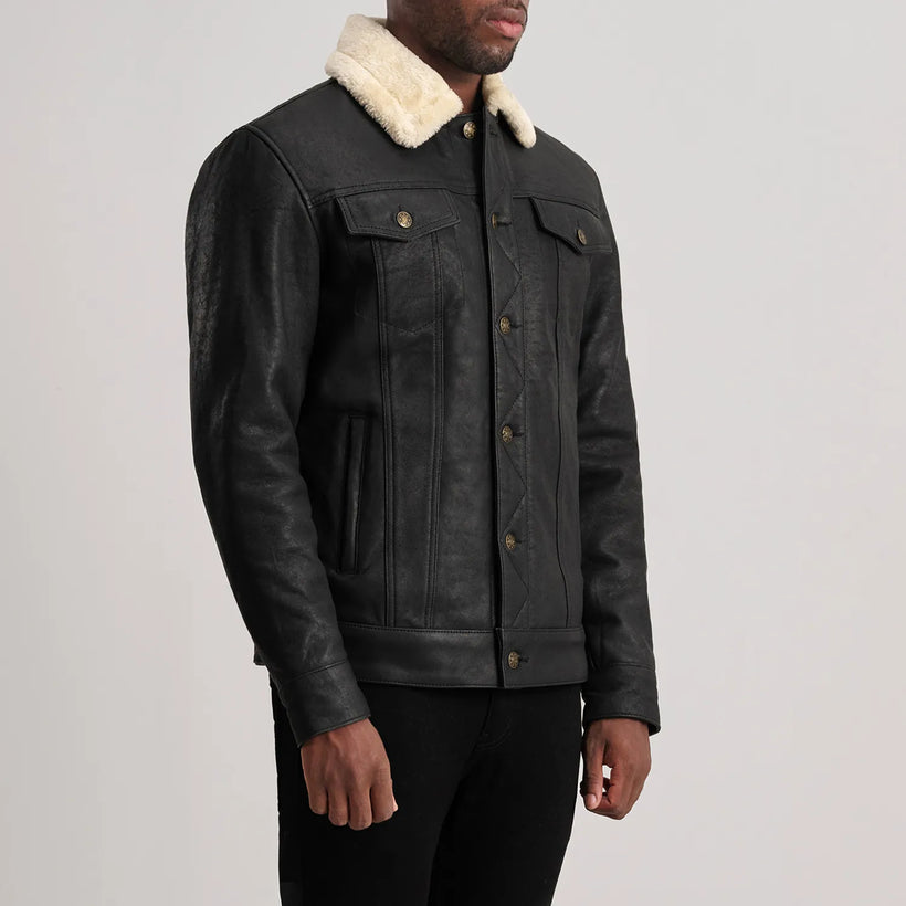 Dallis Distressed Svartur Leather Shearling Trucker Leðurjakki fyrir Karla