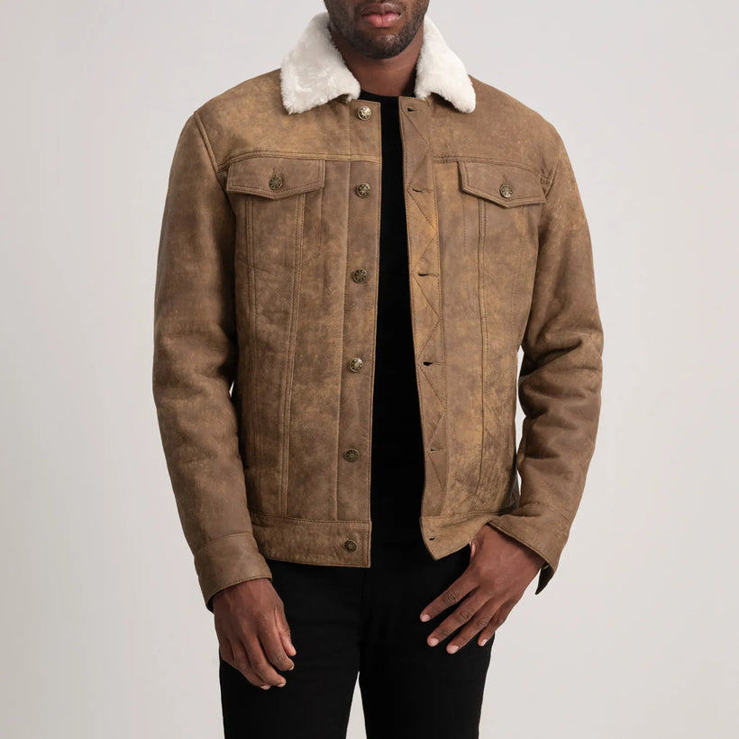 Dallis Distressed Brúnn Leather Shearling Trucker Leðurjakki fyrir Karla