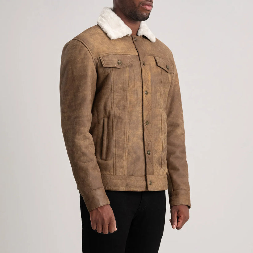 Dallis Distressed Brúnn Leather Shearling Trucker Leðurjakki fyrir Karla