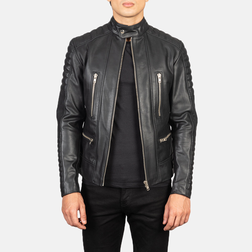 
Damian Grey Suede Biker Jacket in Grey Sheepskin Suede - Að framan með sniðinni hönnun | Kaupa á netinu