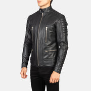 
Grey Sheepskin Suede Biker Jacket - Að aftan með nákvæmri axlasniði og hreinum fald