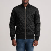 
Danson Rimlaskorinn Svartur Varsity Leðurjakki fyrir Karla in Black Satin - Að framan með sniðinni hönnun | Kaupa á netinu