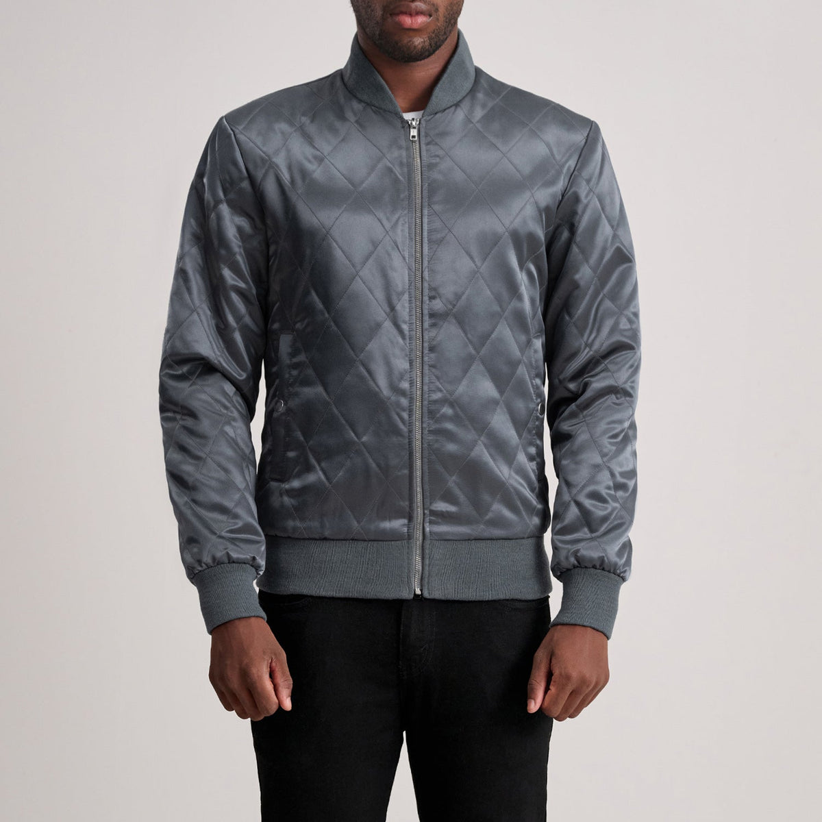 Danson Quilted Grey Varsity Leðurjakki fyrir karla in Grey Satin - Front Profile View &amp; Tailored Silhouette | Buy Online