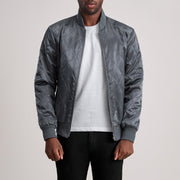 Danson Quilted Grey Varsity Leðurjakki fyrir karla - Lateral Side Profile View Showing Sleeve Cut &amp; Athletic Taper Fit