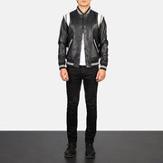 Men's Dantee Black Leather Varsity Jacket - Lateral Side Profile View Showing Sleeve Cut &amp; Athletic Taper Fit