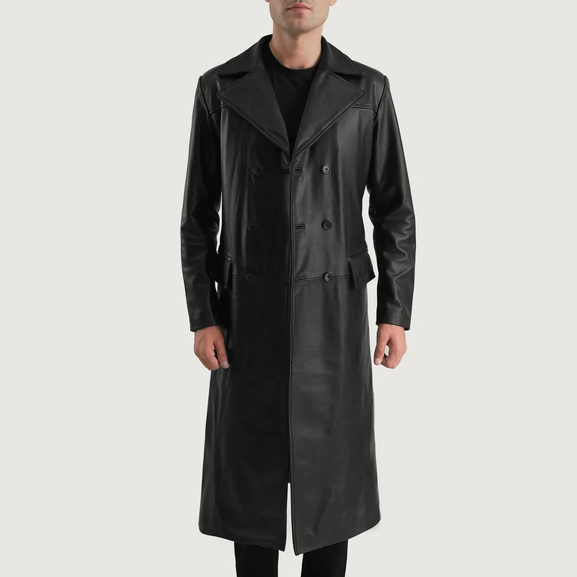Delmar Svartur Leather Double-Breasted Coat fyrir karla