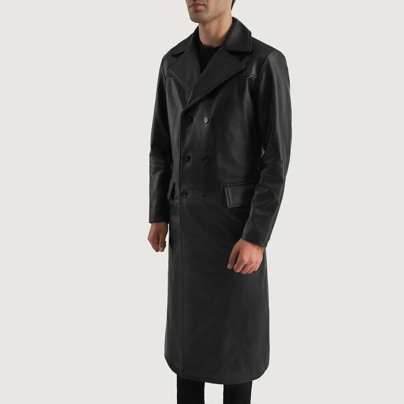 Delmar Svartur Leather Double-Breasted Coat fyrir karla