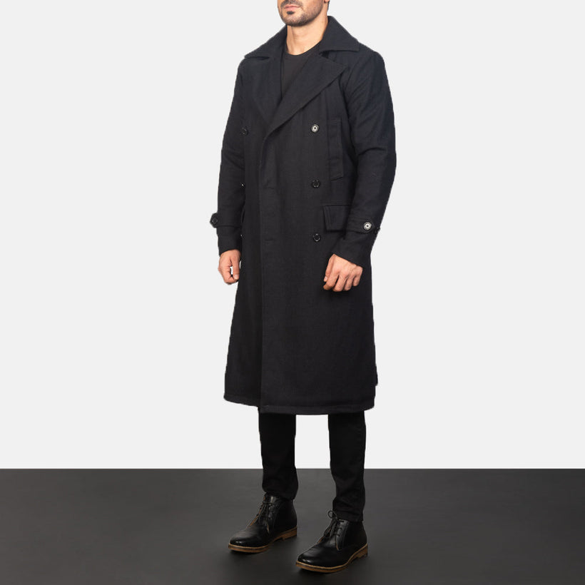 Detective Svartur Wool Leðursíðkápa fyrir Karla