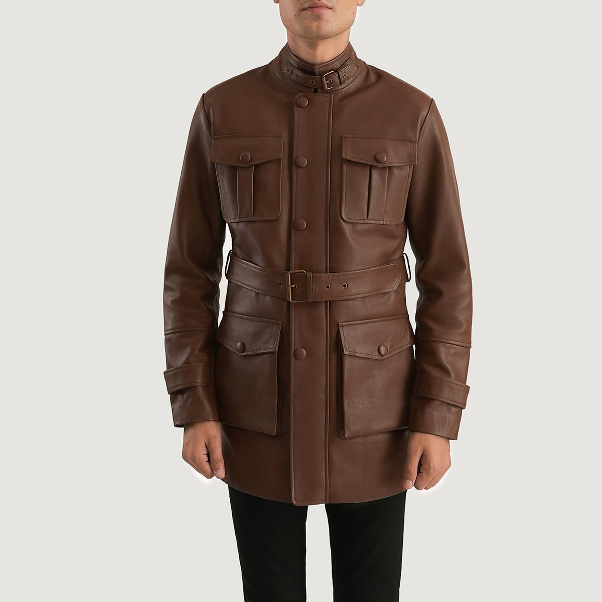 
Dolf Brúnn Leðurjakki fyrir Karla in Brown Cowhide Leather - Að framan með sniðinni hönnun | Kaupa á netinu