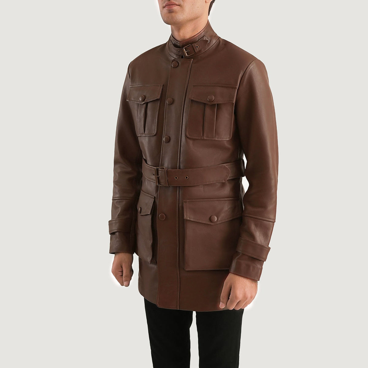 
Brown Cowhide leather Jacket - Að aftan með nákvæmri axlasniði og hreinum fald