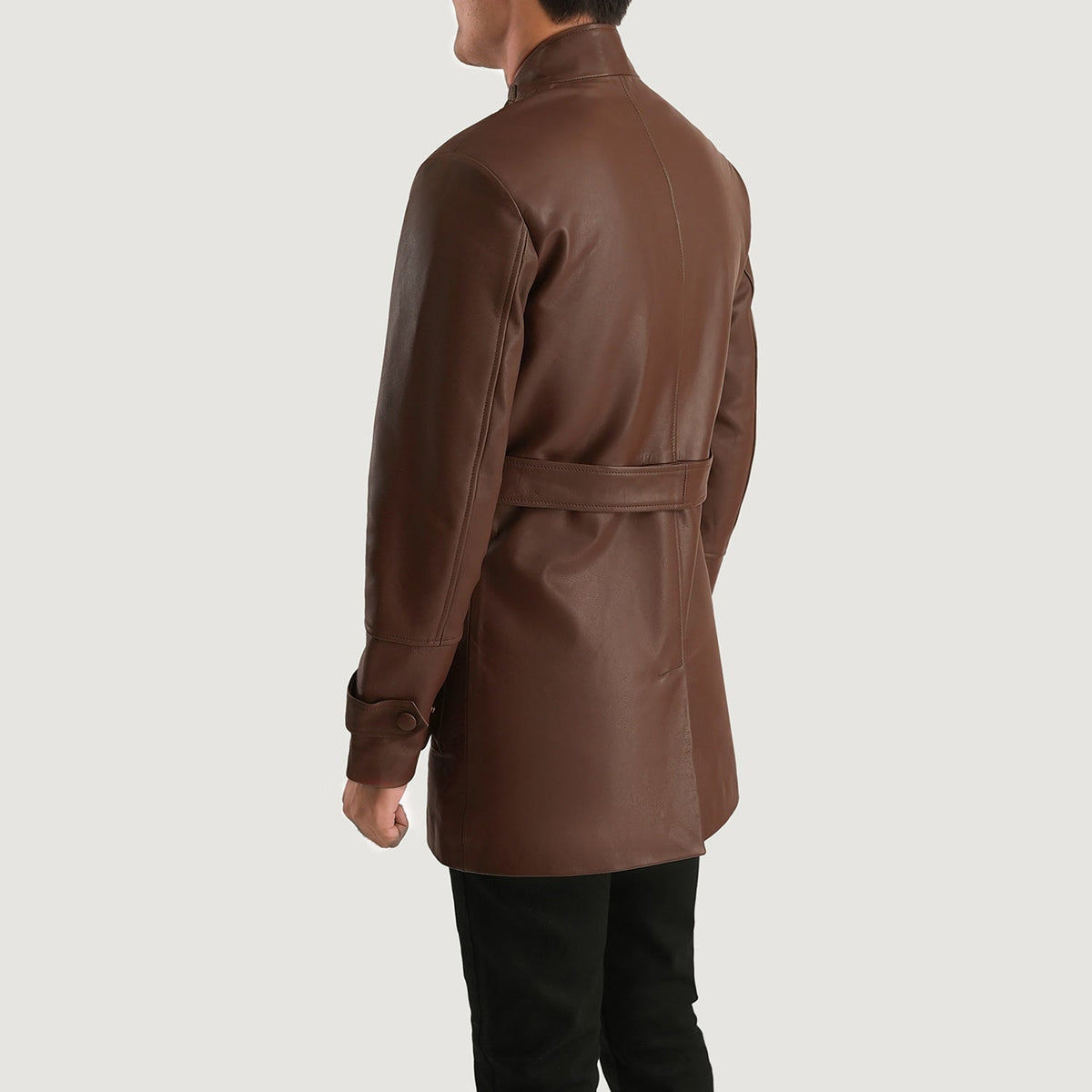 
Nærmynd of High neck with Belt & Snap button Hardware on Dolf Brúnn Leðurjakki fyrir Karla