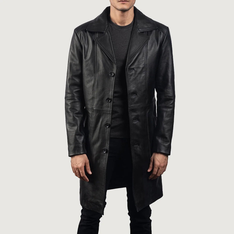 Don Long Svartur Leather Coat fyrir karla