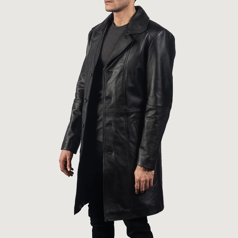 Don Long Svartur Leather Coat fyrir karla