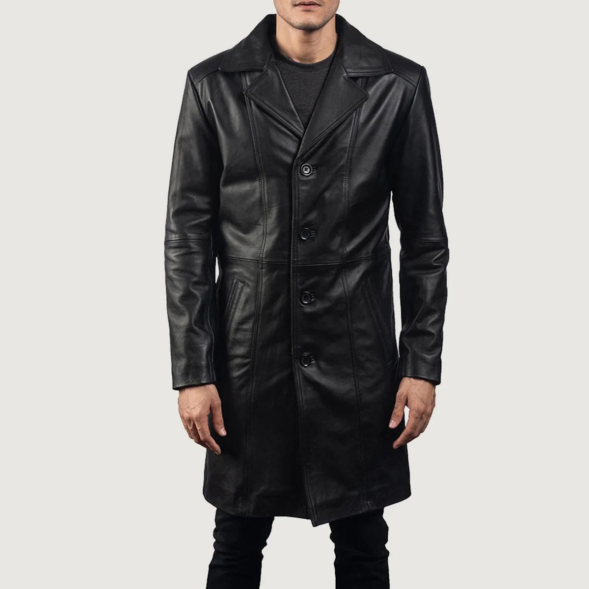 Men's Don Long Black Leather Coat - Lateral Side Profile View Showing Sleeve Cut &amp; Athletic Taper Fit