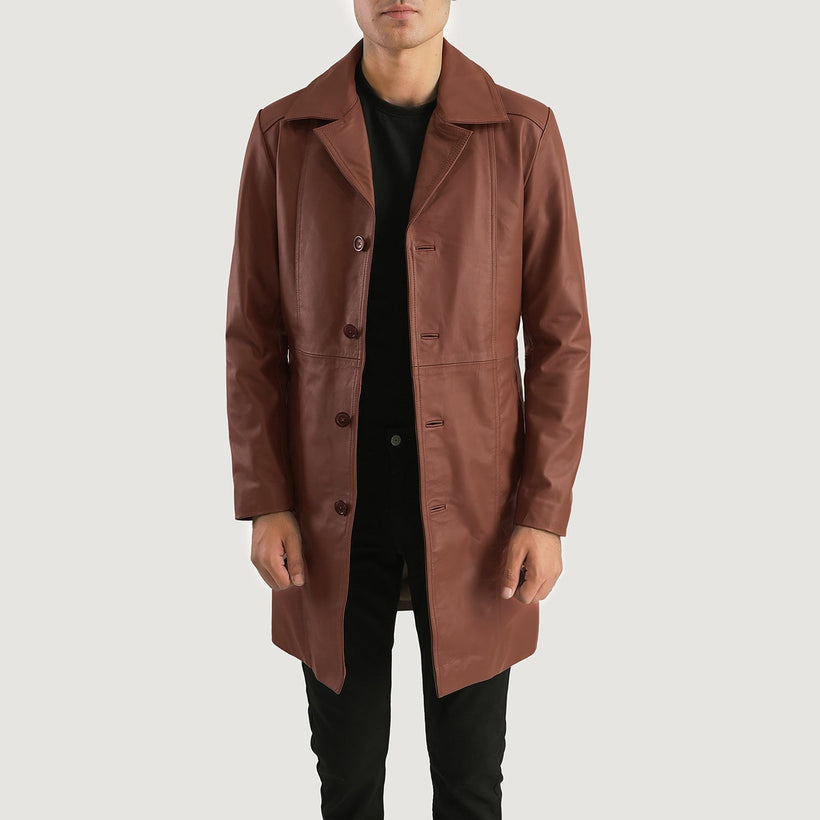 Don Long Brúnn Leather Coat fyrir karla