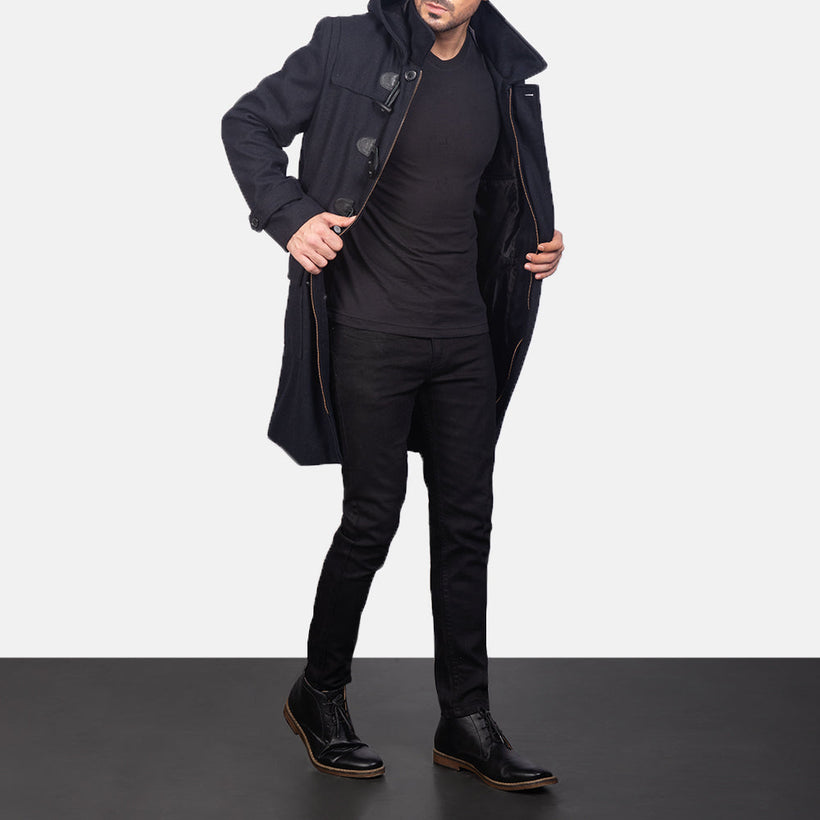 Drake Svartur Wool Hooded Duffle Leðursíðkápa fyrir Karla