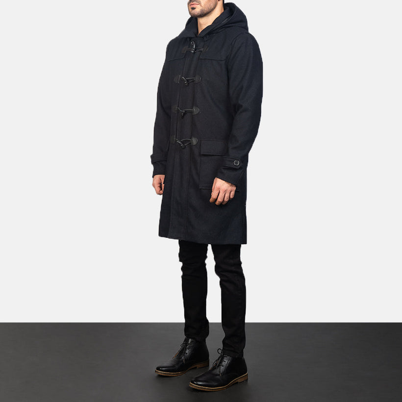 Drake Svartur Wool Hooded Duffle Leðursíðkápa fyrir Karla