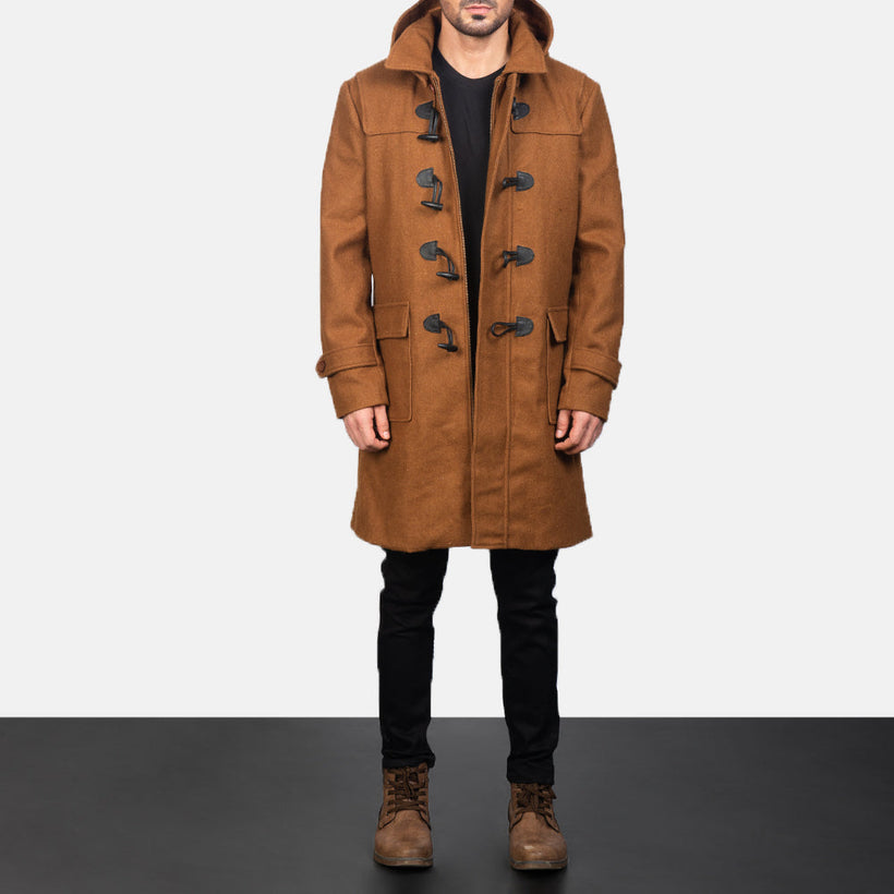 Drake Khaki Wool Hooded Duffle Leðursíðkápa fyrir Karla