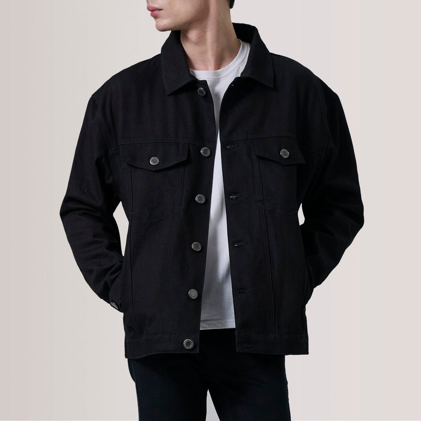 Eddie Svartur Oversized Denim Trucker Leðurjakki fyrir Karla