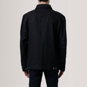 
Nærmynd of Classic Collar & Heavy-Duty Zipper Hardware on Eddie Svartur Oversized Denim Trucker Leðurjakki fyrir Karla For Men