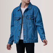 
Eddie Dark Blár Oversized Denim Trucker Leðurjakki fyrir Karla - Að framan með sniðinni hönnun | Kaupa á netinu