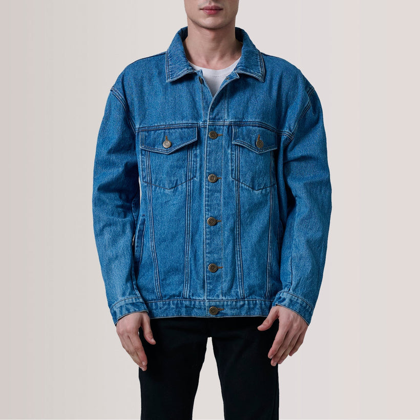 Eddie Dark Blár Oversized Denim Trucker Leðurjakki fyrir Karla