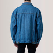 
Nærmynd of Classic Collar & Heavy-Duty Zipper Hardware on Eddie Dark Blár Oversized Denim Trucker Leðurjakki fyrir Karla For Men