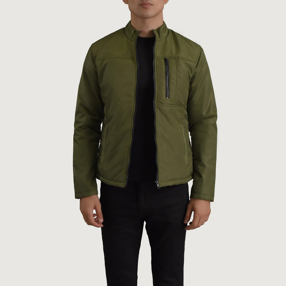 Elliot Green Lightweight Jacket in Green Full-Grain Leather - Front Profile View &amp; Tailored Silhouette | Buy Online