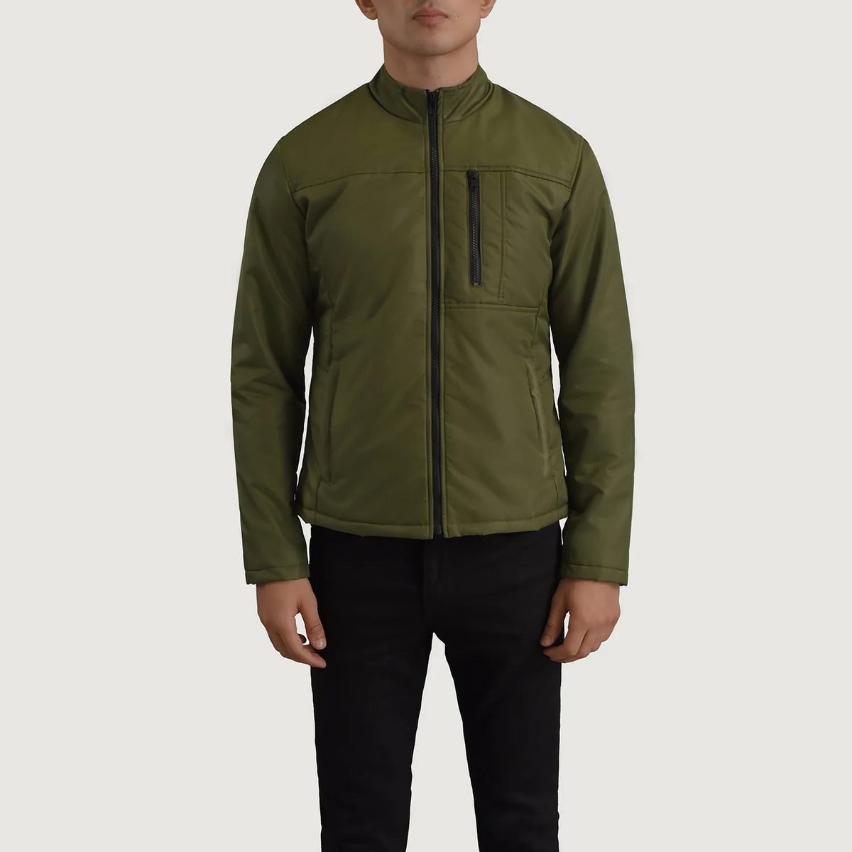 Close-Up Detail of Classic Collar &amp; Zipper Hardware on Elliot Green Lightweight Jacket