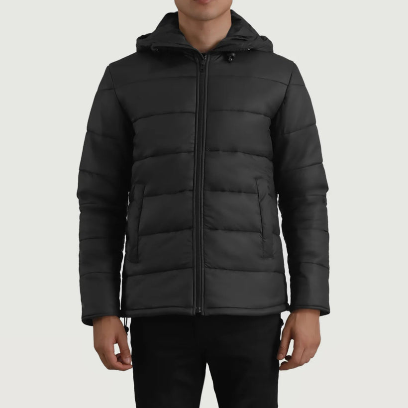 Erico Svartur Hooded Puffer Leðurjakki fyrir karla