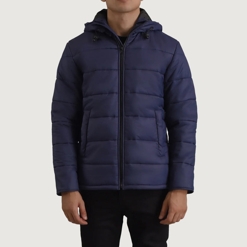 Erico Blue Hooded Puffer Leðurjakki fyrir karla
