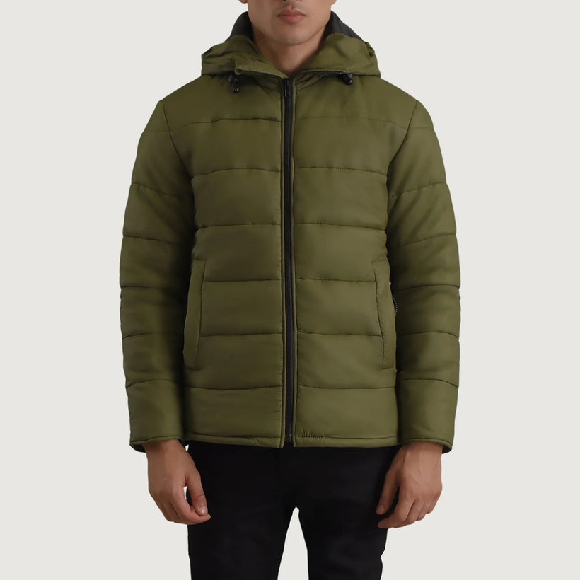 Erico Green Hooded Puffer Leðurjakki fyrir karla